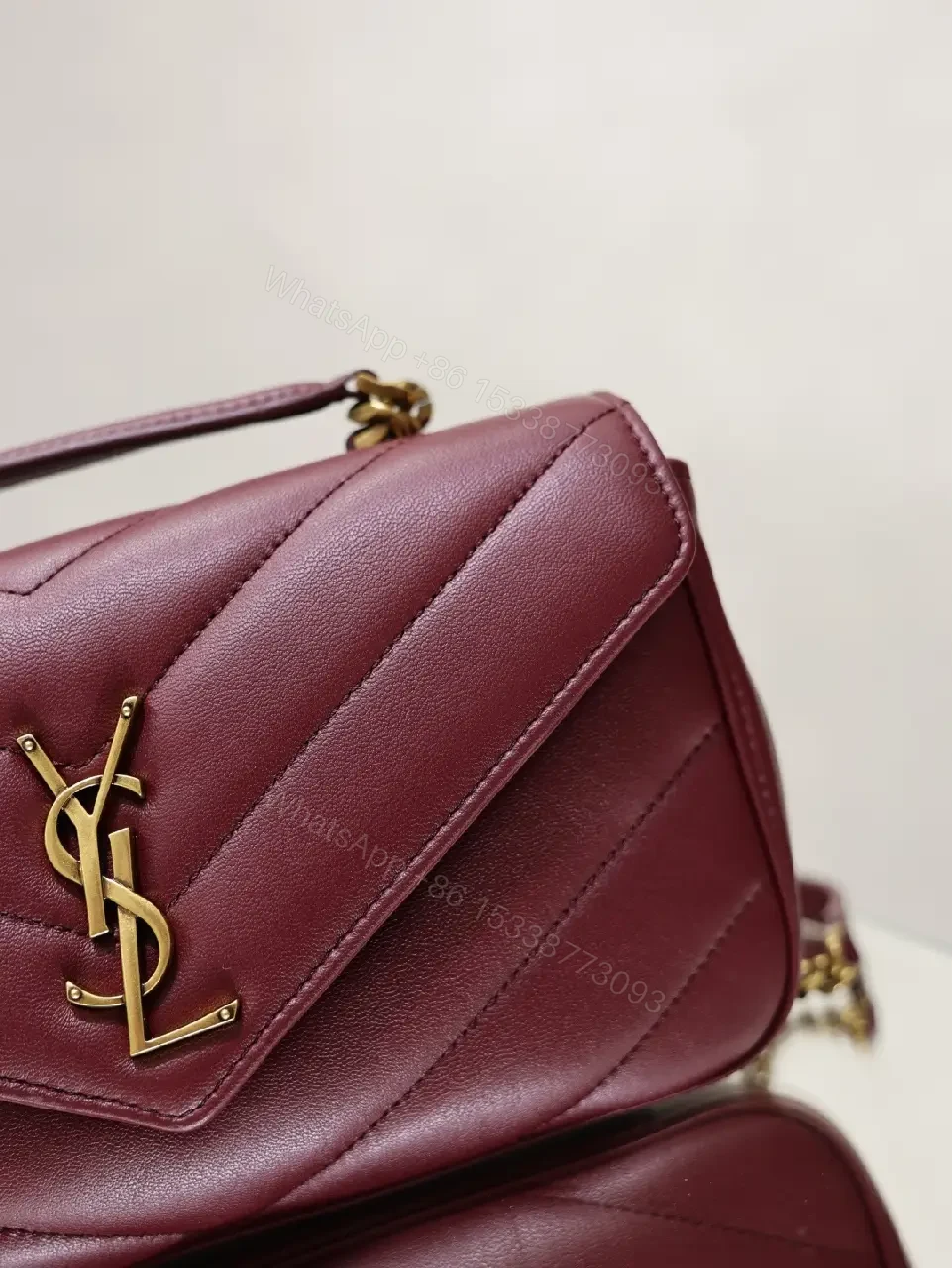 View 3 of Burgundy Leather Quilted Flap Bag with Gold YSL Clasp