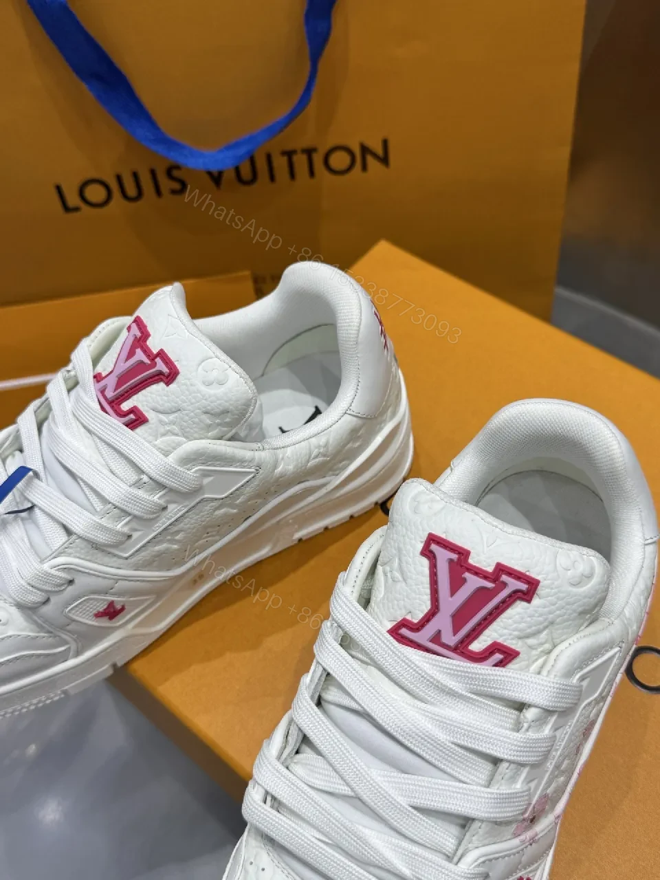 View 4 of White Leather Low-Top Trainer with Pink Embroidery Detail