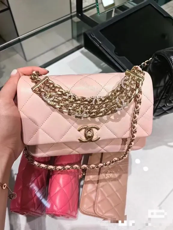 View 8 of Soft Rose Quilted Chain Bag with Gold Hardware