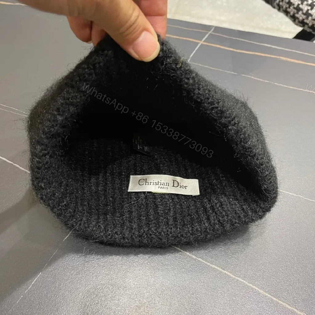 View 9 of Black Knit Beanie, Dior Patch, Subtle Luxury Winter Accessory