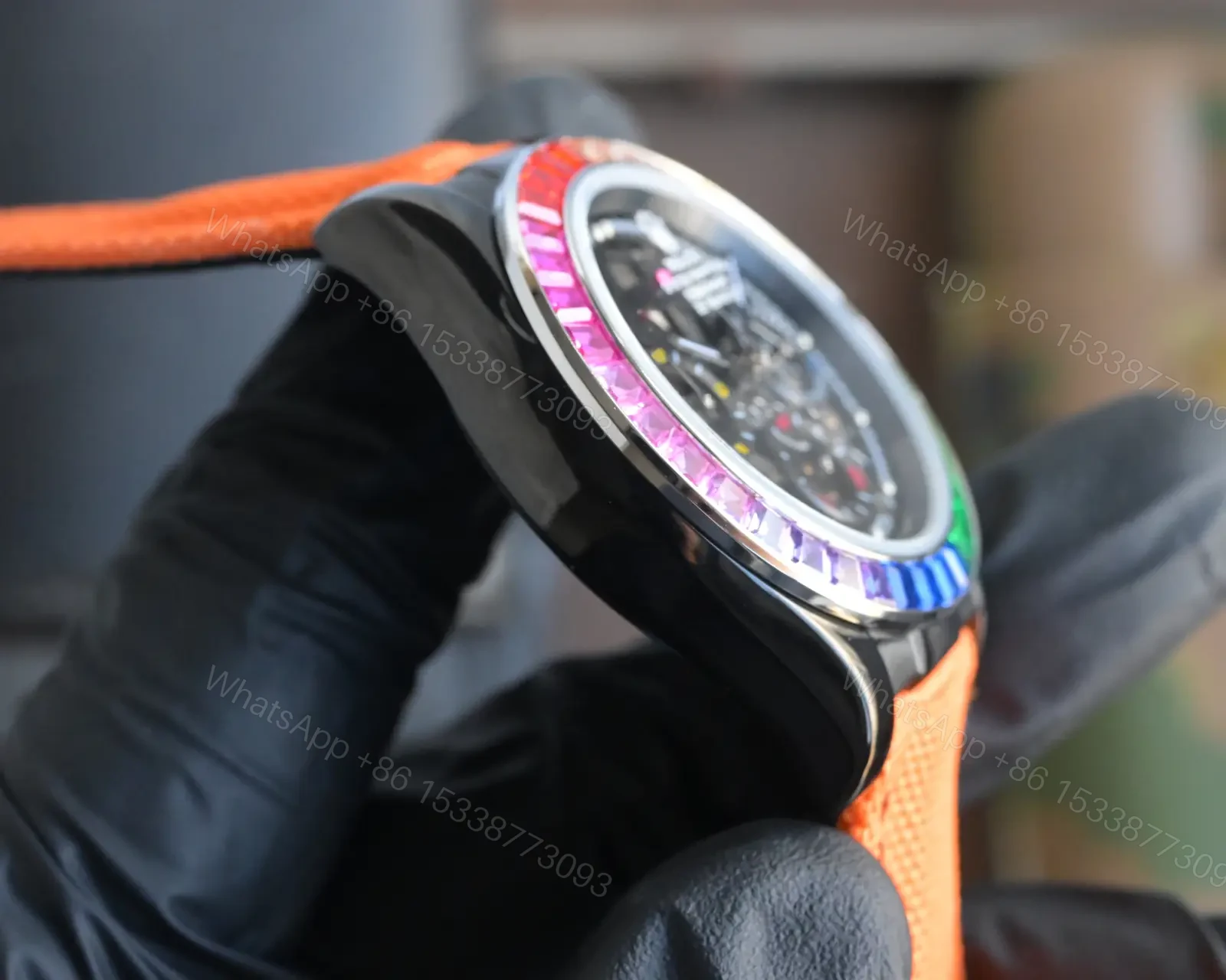 View 6 of Best Rolex Daytona Rainbow Orange Fabric Strap replica 43MM Hollow Dial Edition RG-DAYTONA-RAINBOW-ORANGE-FABRIC-43