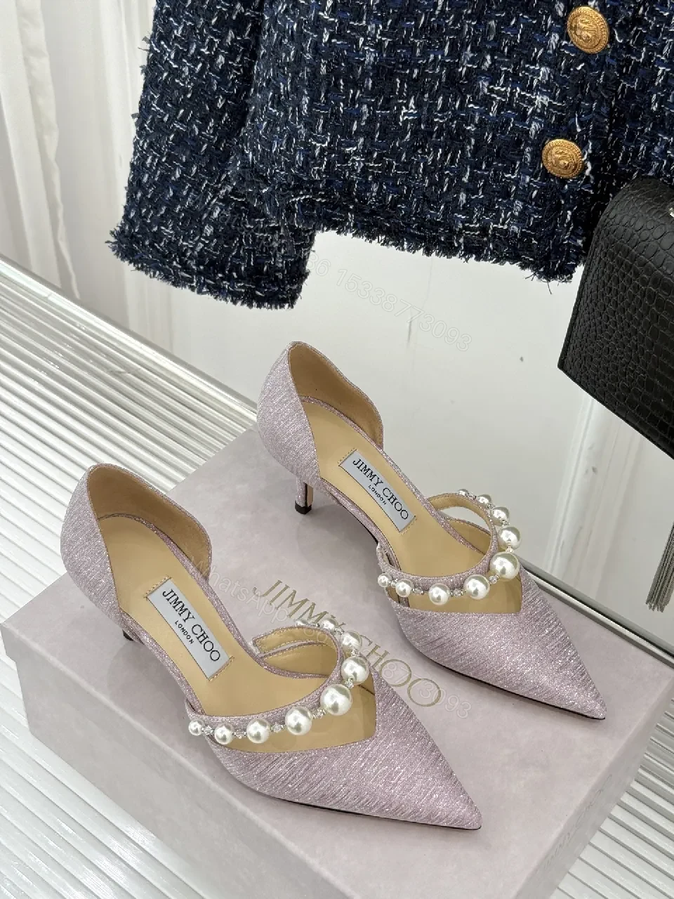 View 6 of Lavender Pearl Embellished Pointed-Toe Heels, Luxe