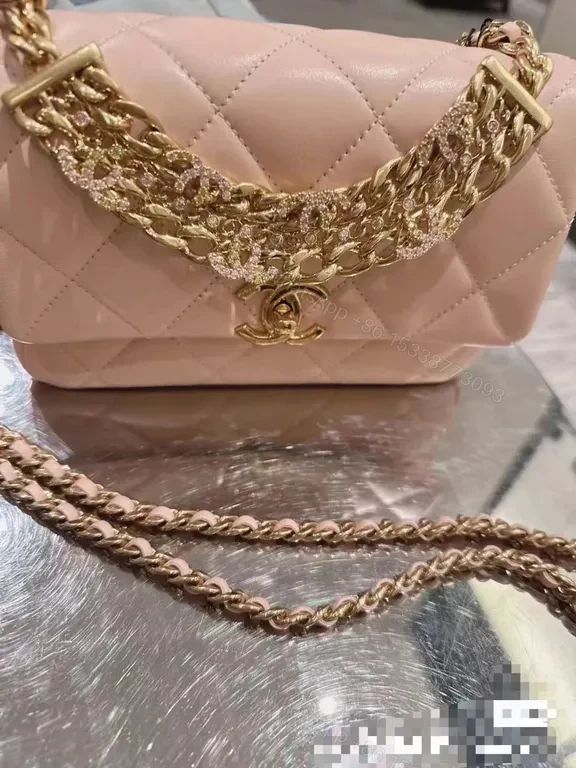 View 5 of Soft Rose Quilted Chain Bag with Gold Hardware