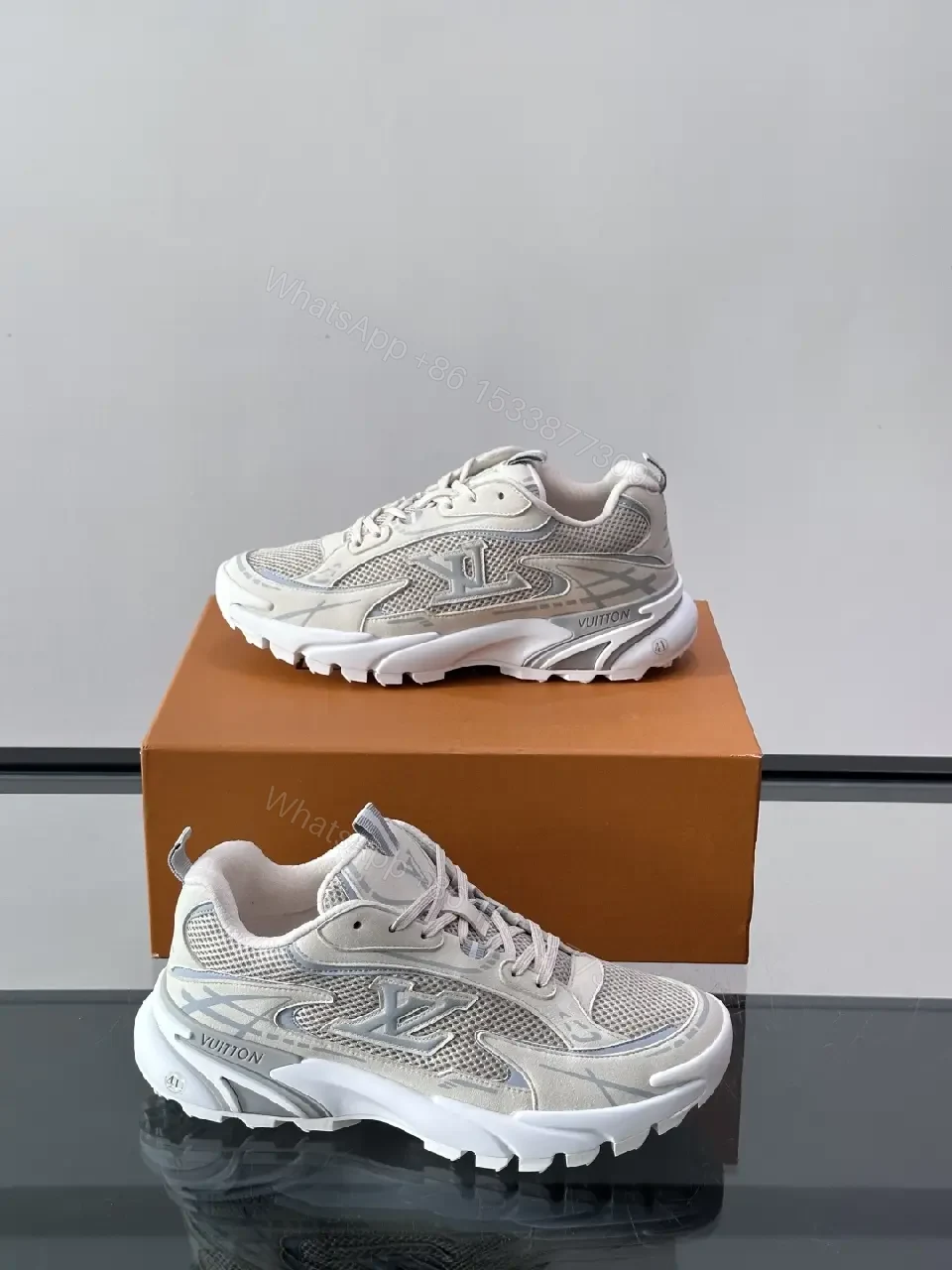 View 7 of Beige Mesh Chunky Sneaker Tech-Wavesole Louis Vuitton Style Sneakers