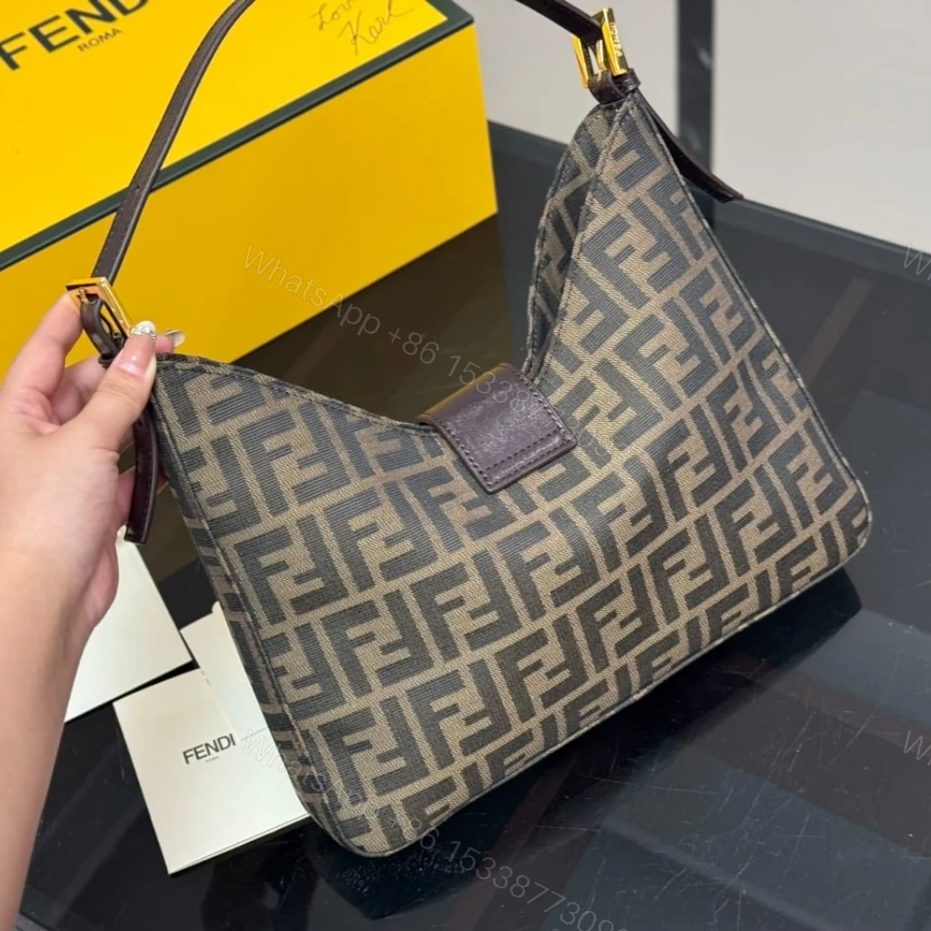 View 5 of Fendi Zucca Baguette Canvas Leather Shoulder Bag Dark Brown 30cm