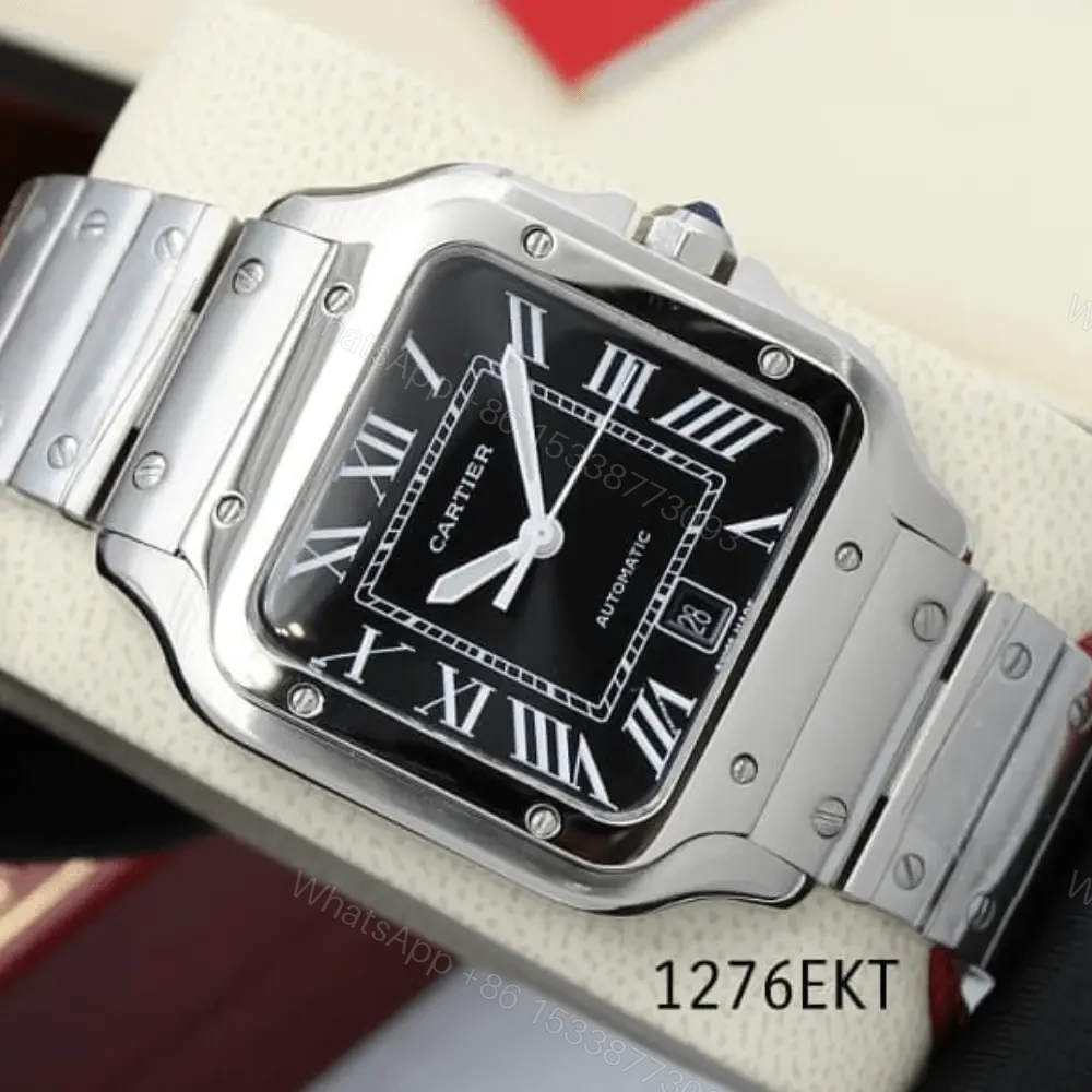 Cartier Mens Santos Stainless Steel Black Roman Dial Watch — view 1