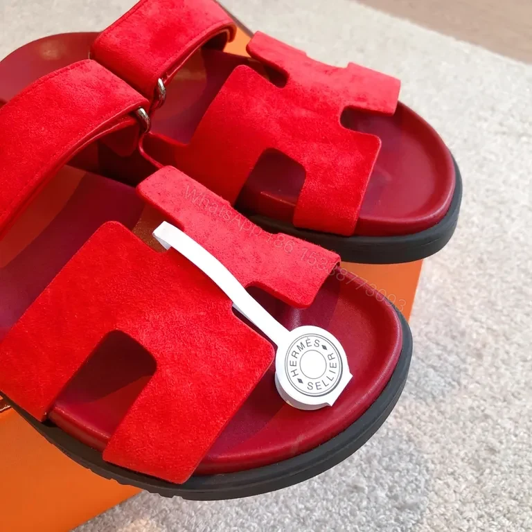 View 5 of Bold Red Suede Sandals â€“ Luxe Comfort, Dual-Stripe Style