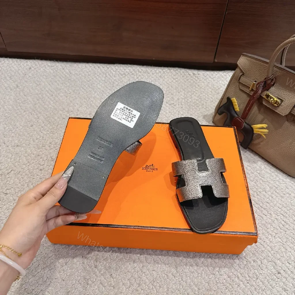 View 3 of Silver Hermès-Style H Sandals, Metallic Strappy Slide, Luxury Open Toe Slide