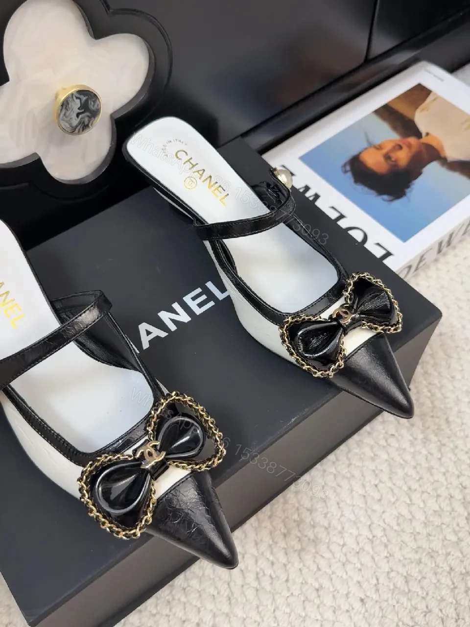 View 4 of Chic Ivory-Black Pearl-Trim Bow Pointed-Toe Mules