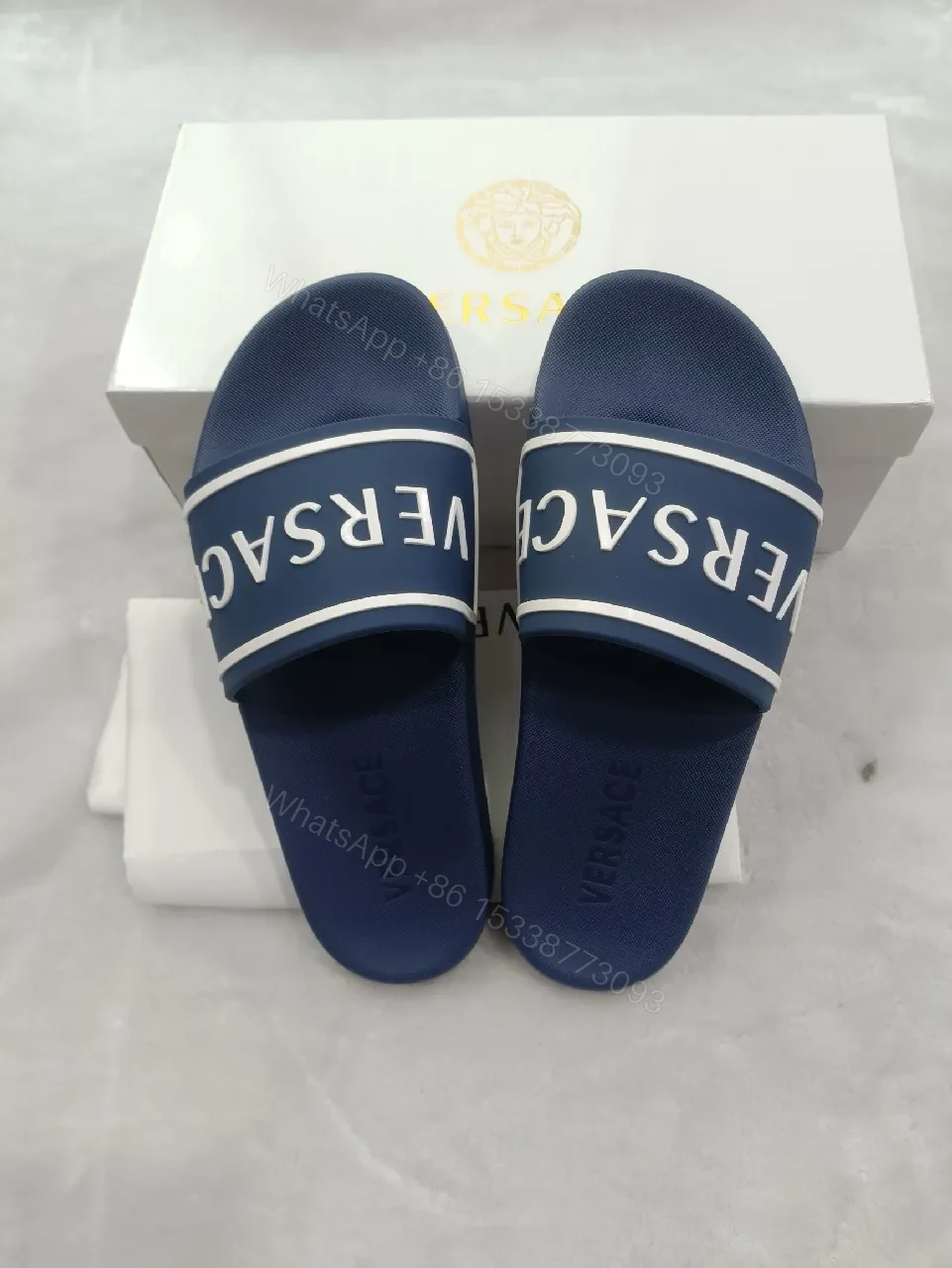 View 5 of Bold Navy Leather Slide: Luxe Logo Strap Comfort Slides