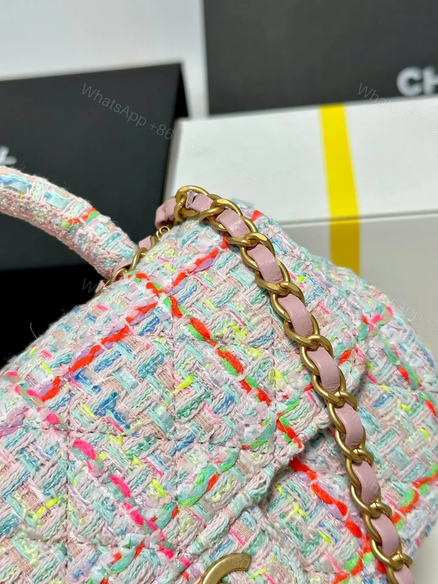 View 3 of Chanel Mini Flap Bag with Top Handle Pink Tweed Bag