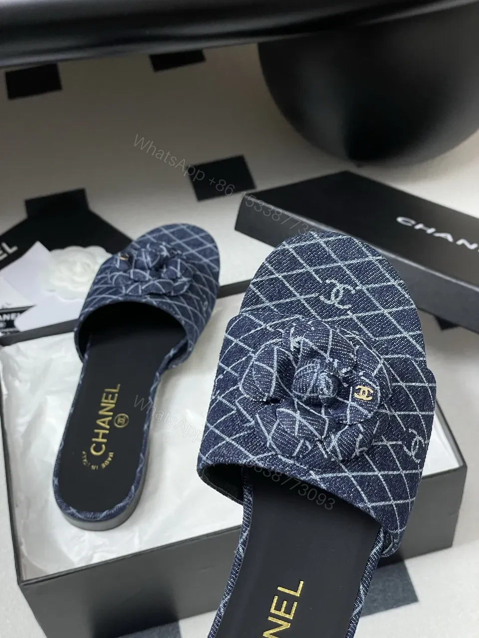 View 4 of Denim Pattern Slip-Ons with Signature Flower Bow Mule