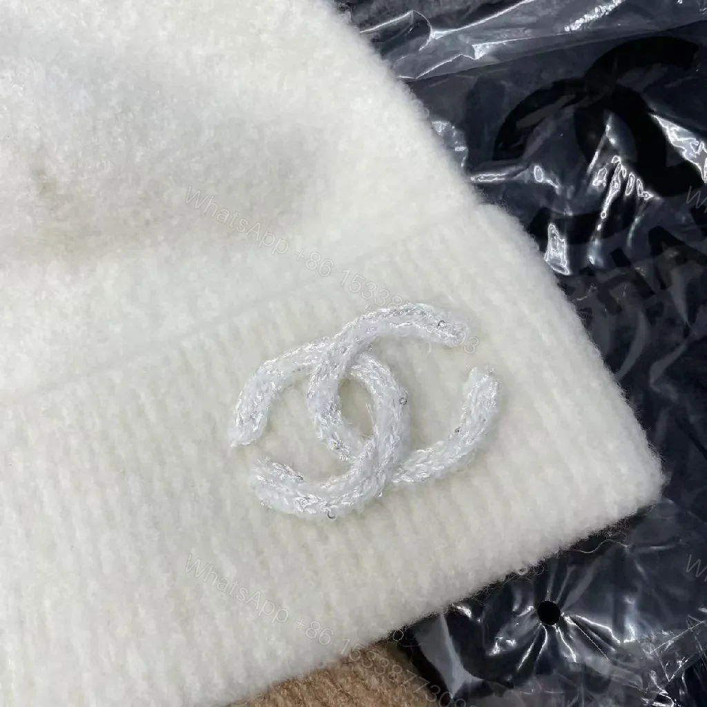 View 3 of Gray Knit Beanie, Plush Fleece, Couture-Inspired Emblem