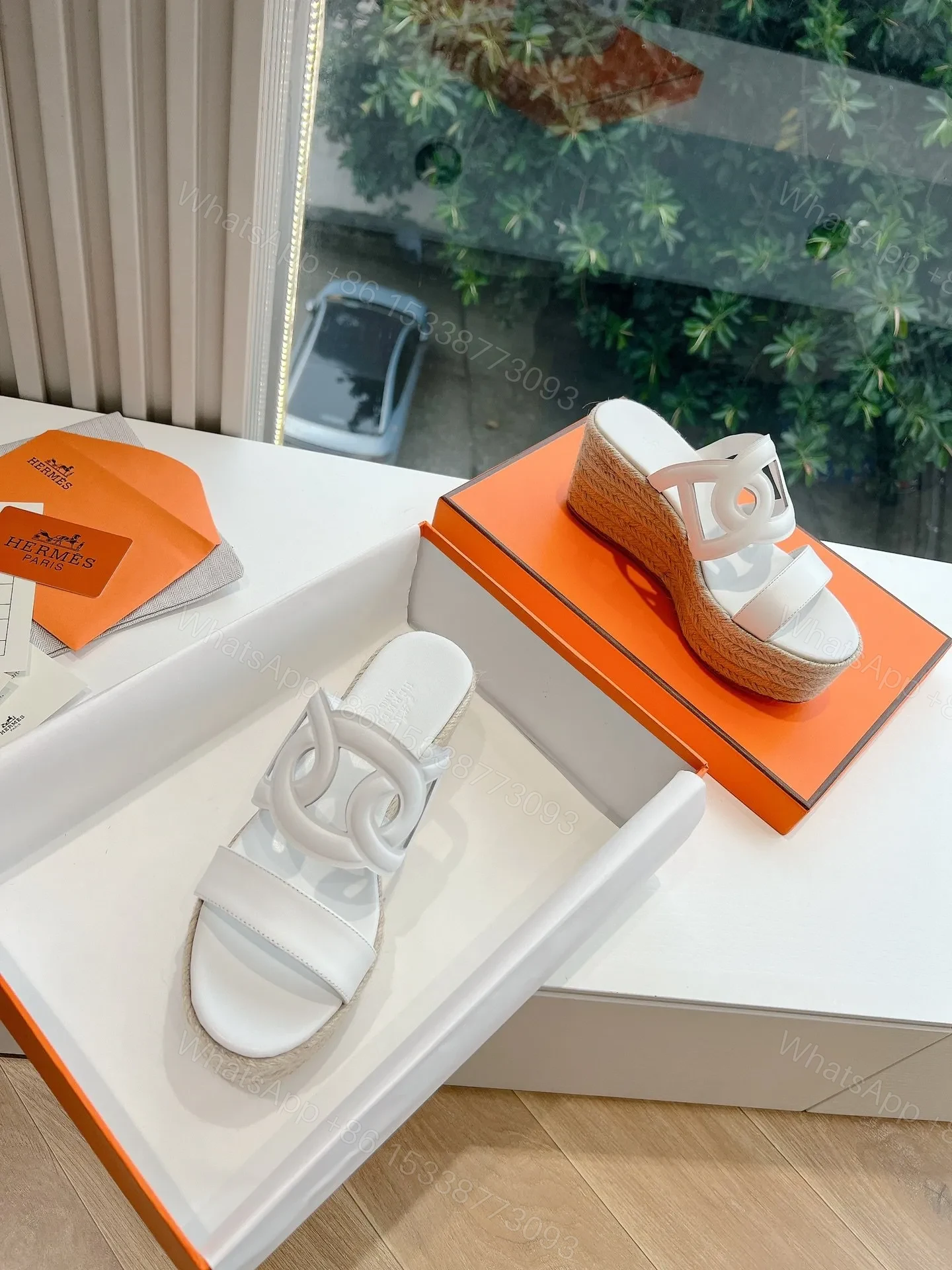 View 4 of Hermes Women White Leather Espadrille Sandals