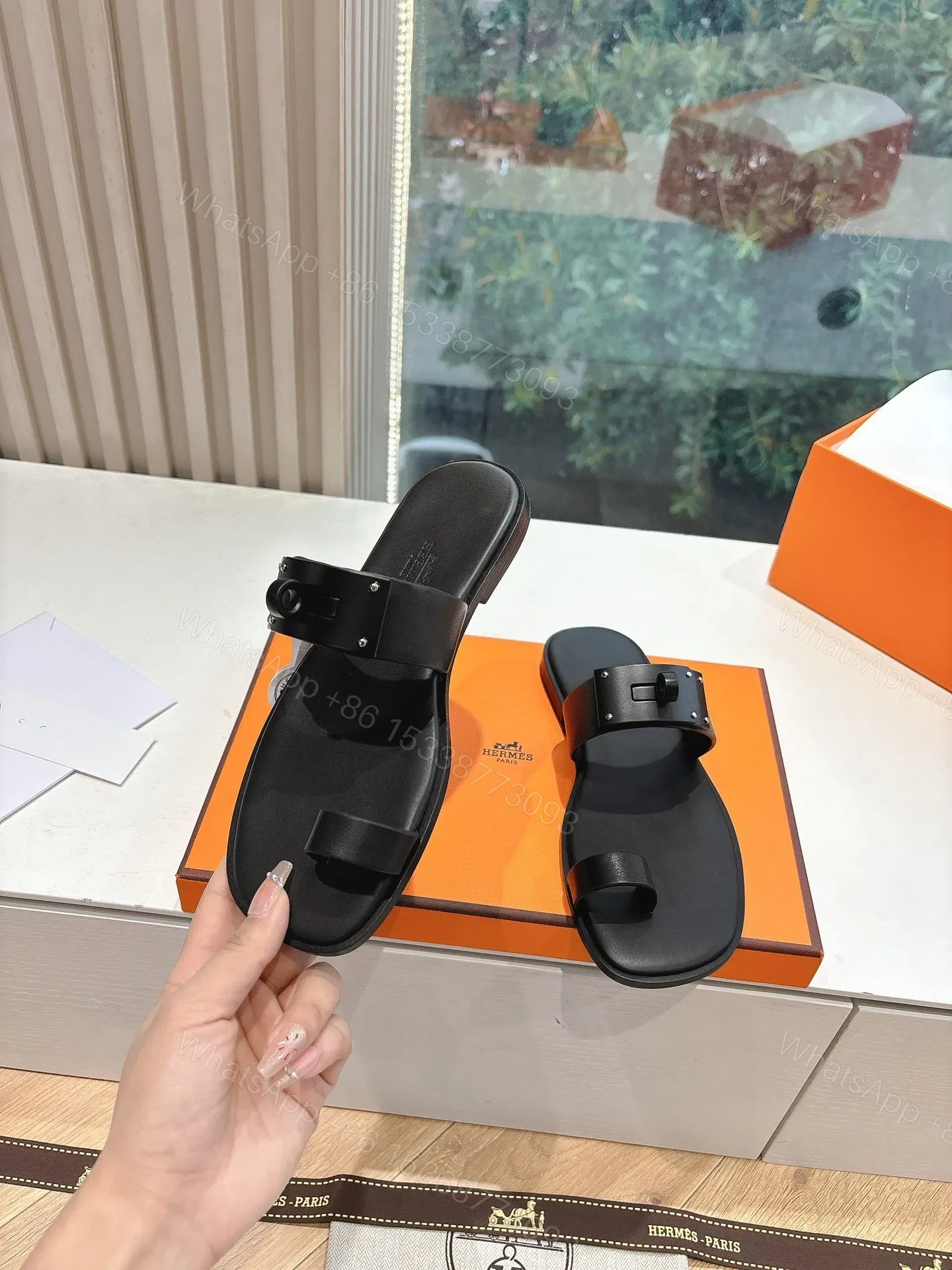 View 6 of Hermes Women Black Leather Toe Loop Mules