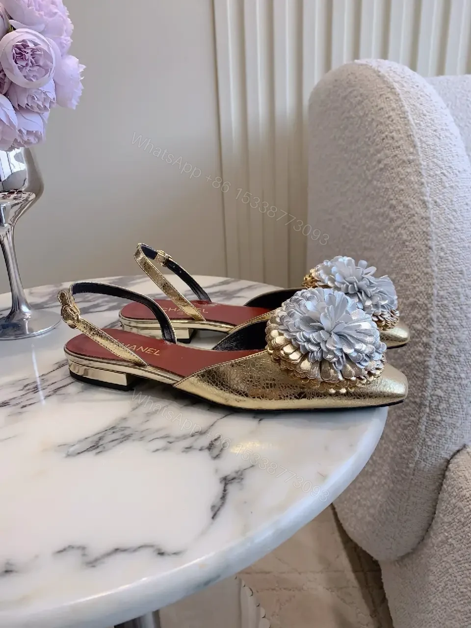 View 9 of Metallic Gold Floral Slingbacks – Open-Back Heel, Lux Comfort