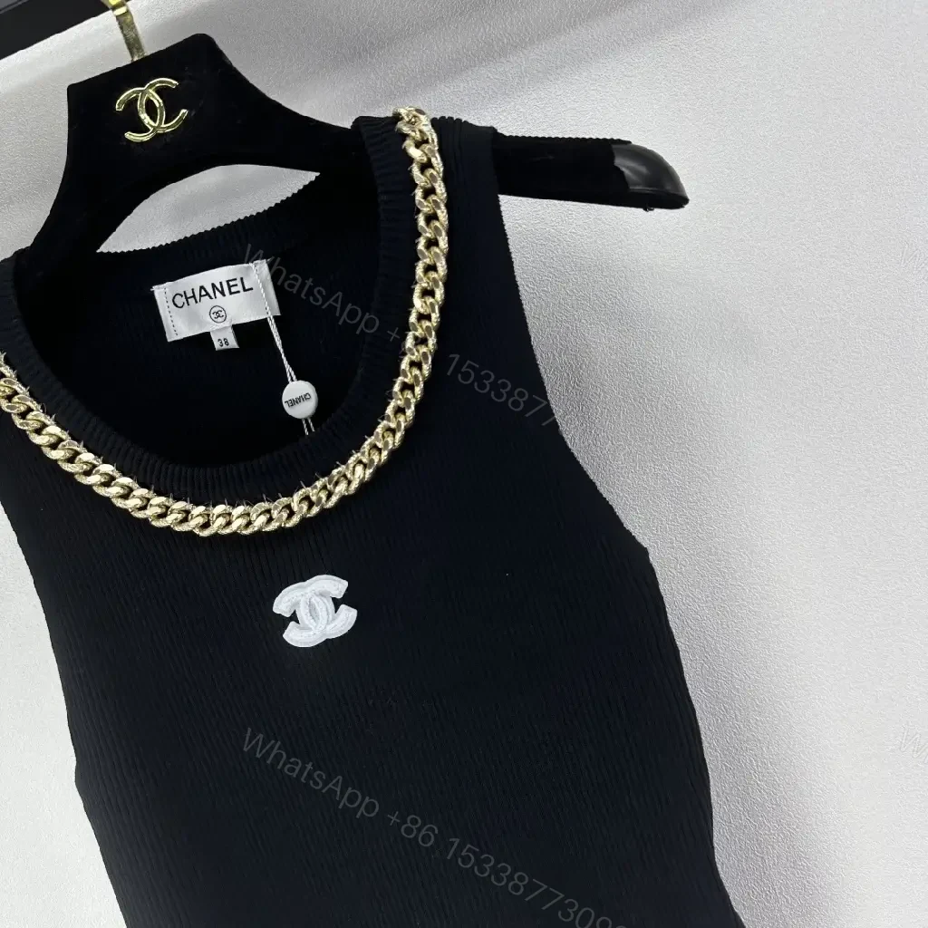 View 9 of Black Knit Tank with Gold Chain - Luxe Statement Top