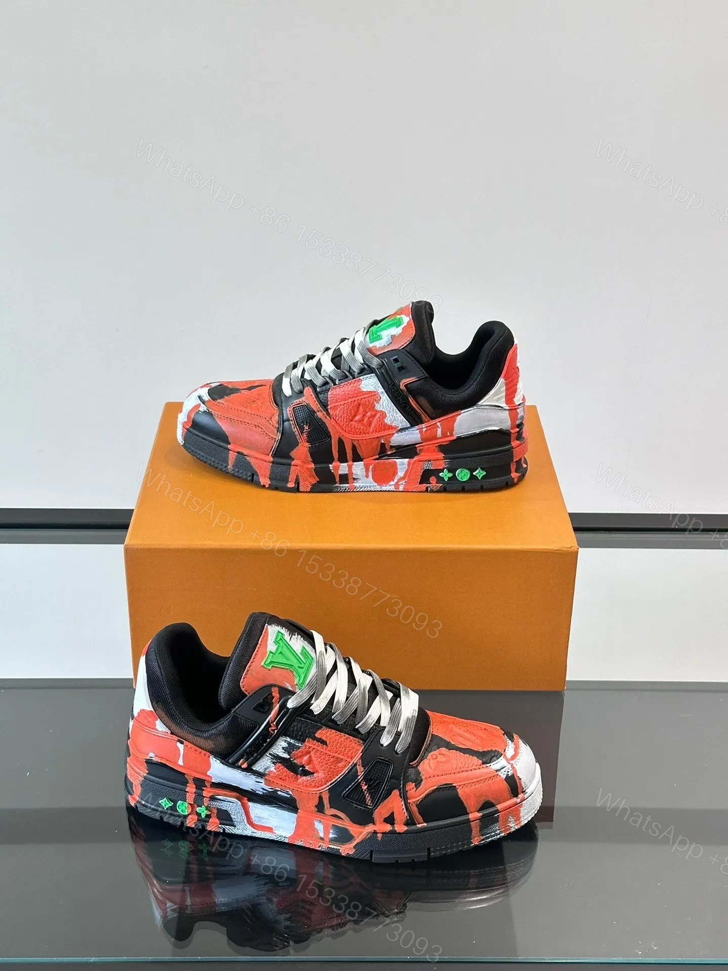 View 4 of LV Men Black Red Painted Leather Sneakers