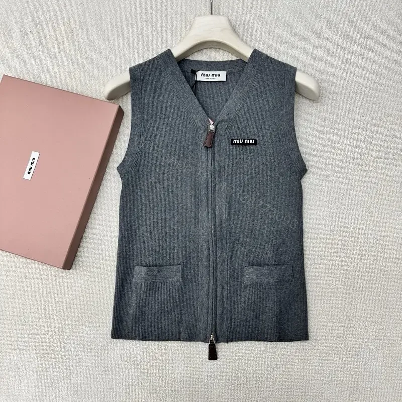 Gray Wool Vest Zipper Miu Miu Style Front Pockets Vest — view 1