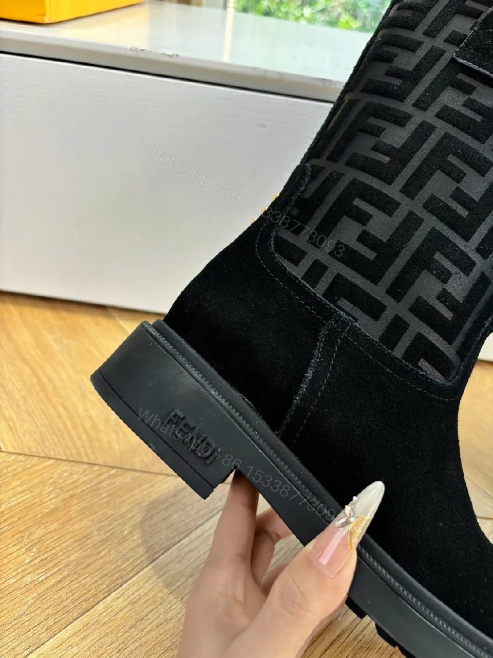 View 5 of Black Suede Boots with Monogram Pattern Mid-Calf Luxe Comfort
