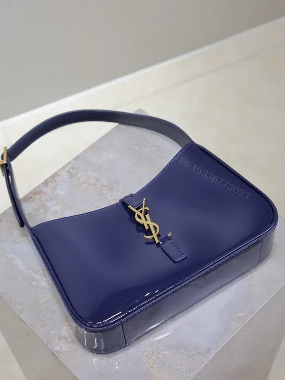 View 4 of Navy Satin-Gloss Crossbody with Gold YSL Hardware