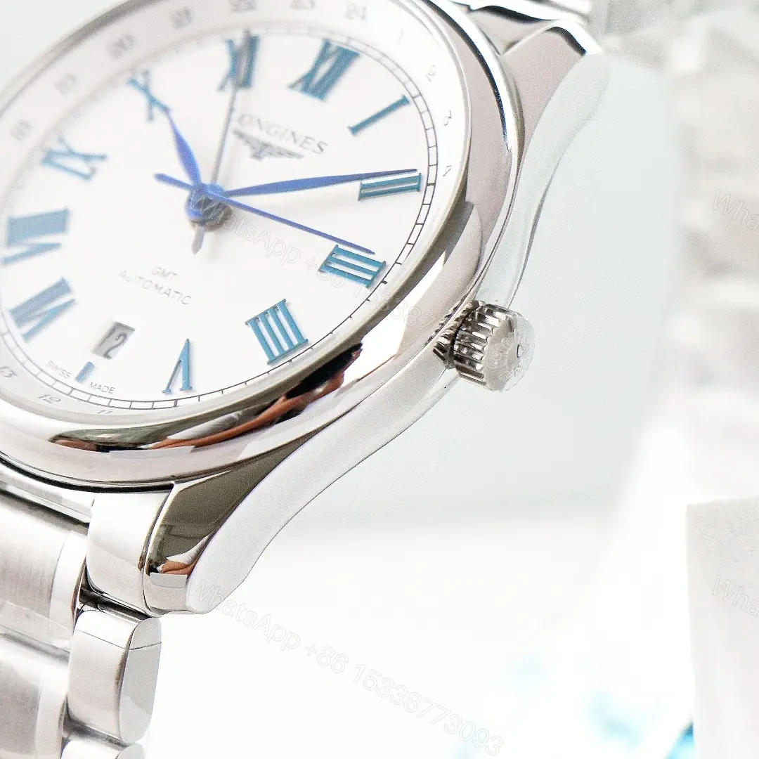 View 7 of Longines Master Collection Classic Re Edition GMT Watch White Dial Stainless Steel Bracelet 40mm Case Sapphire Crystal Italian Leather Strap Option