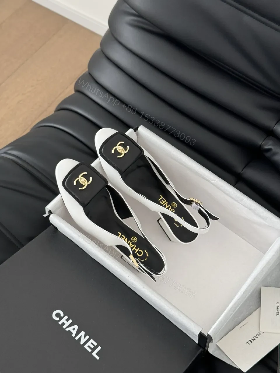 View 2 of Black & White Leather Slingback Pumps, Gold Accent, Square-Toe, Comfort Mid-Heel