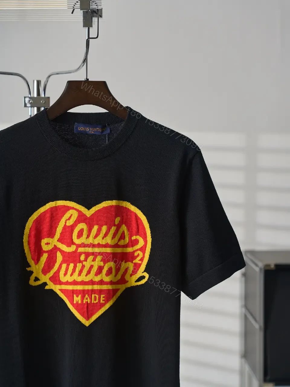 View 10 of Black Embroidered Heart Crewneck T-Shirt Louis Vuitton Logo Outline Feature