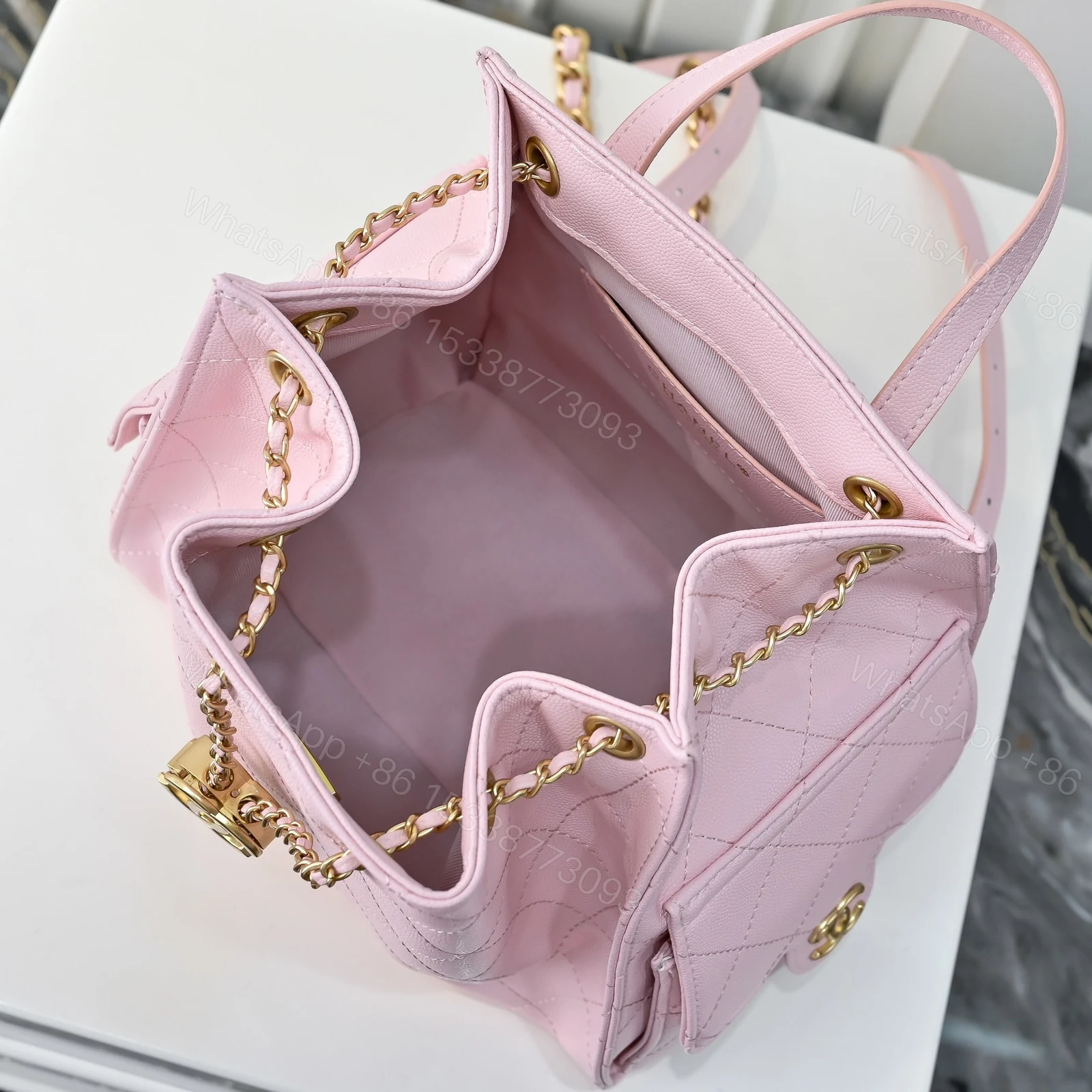 View 8 of Chanel 25 Medium Size Backpack Grain Effect And Gold Metal Pink 23Cm