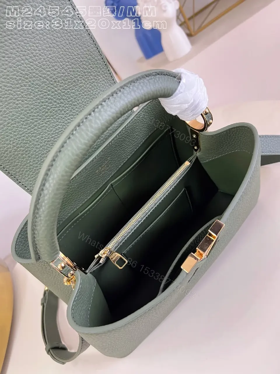 View 5 of Green Pebbled Satchel with Gold Hardware, Structured, Everyday Luxury Bag