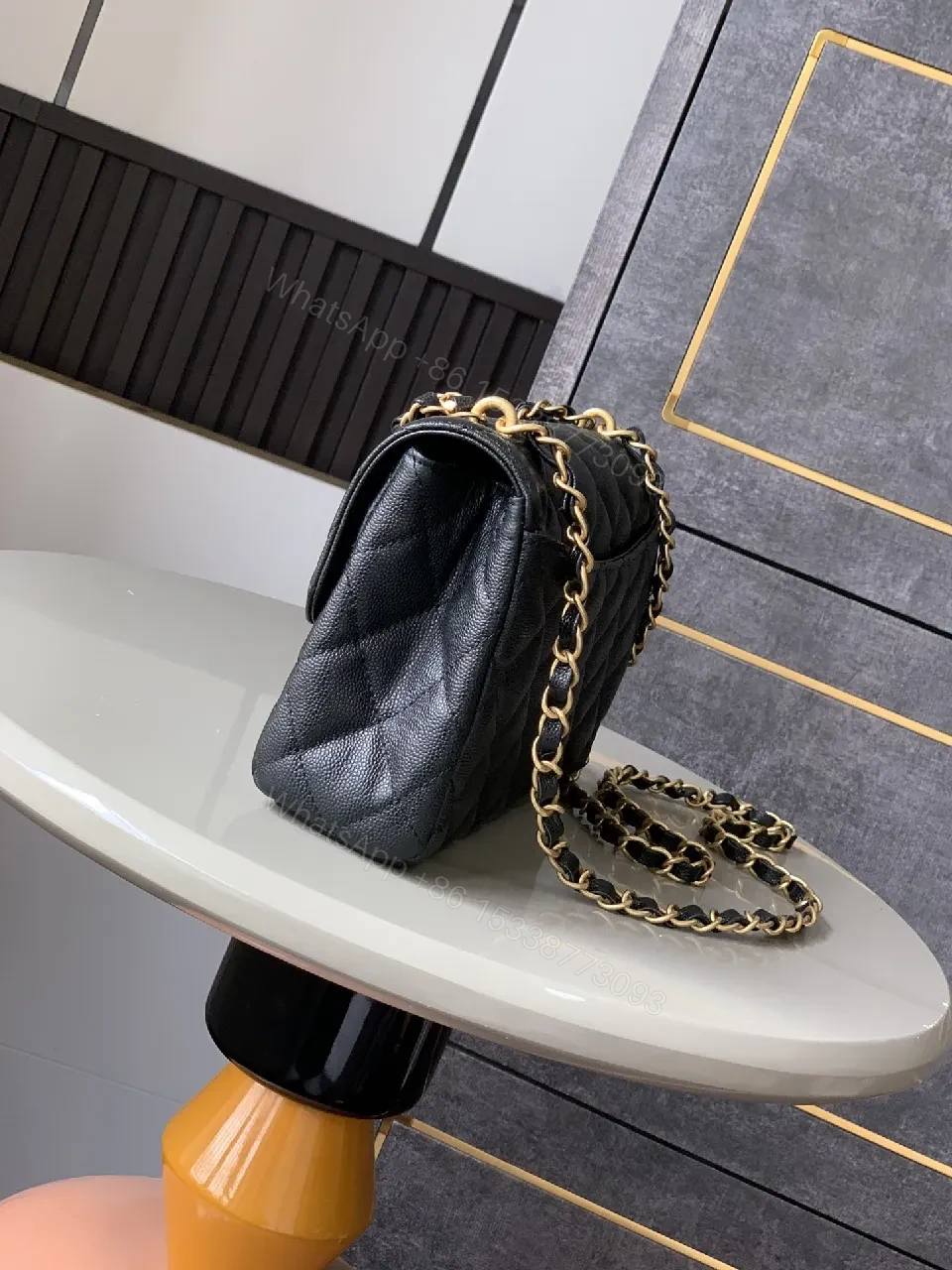 View 8 of Quilted Calfskin Tote: Gold Chain, Compact Luxury Bag