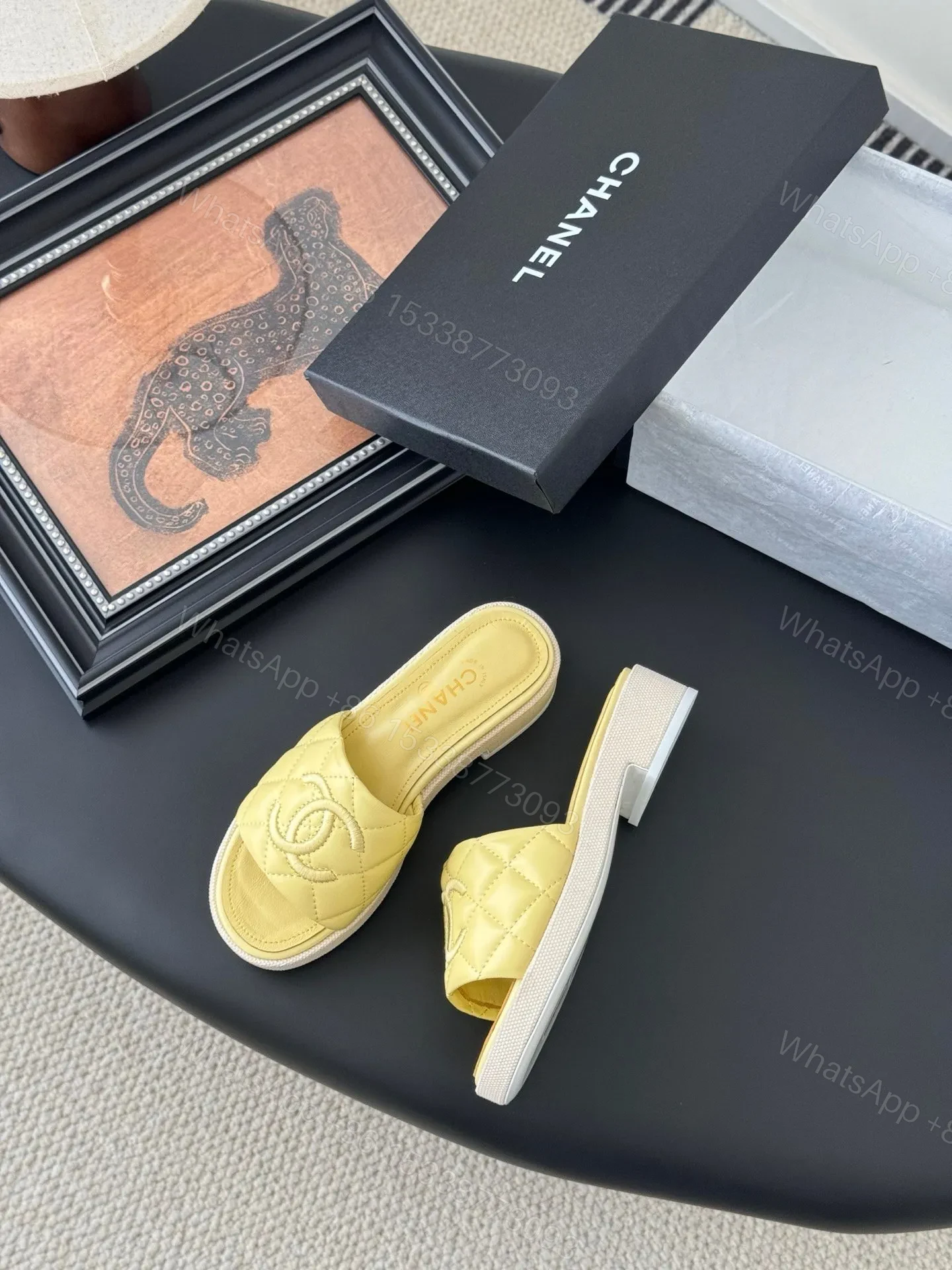 View 3 of Chanel Women Yellow Quilted Leather Slides