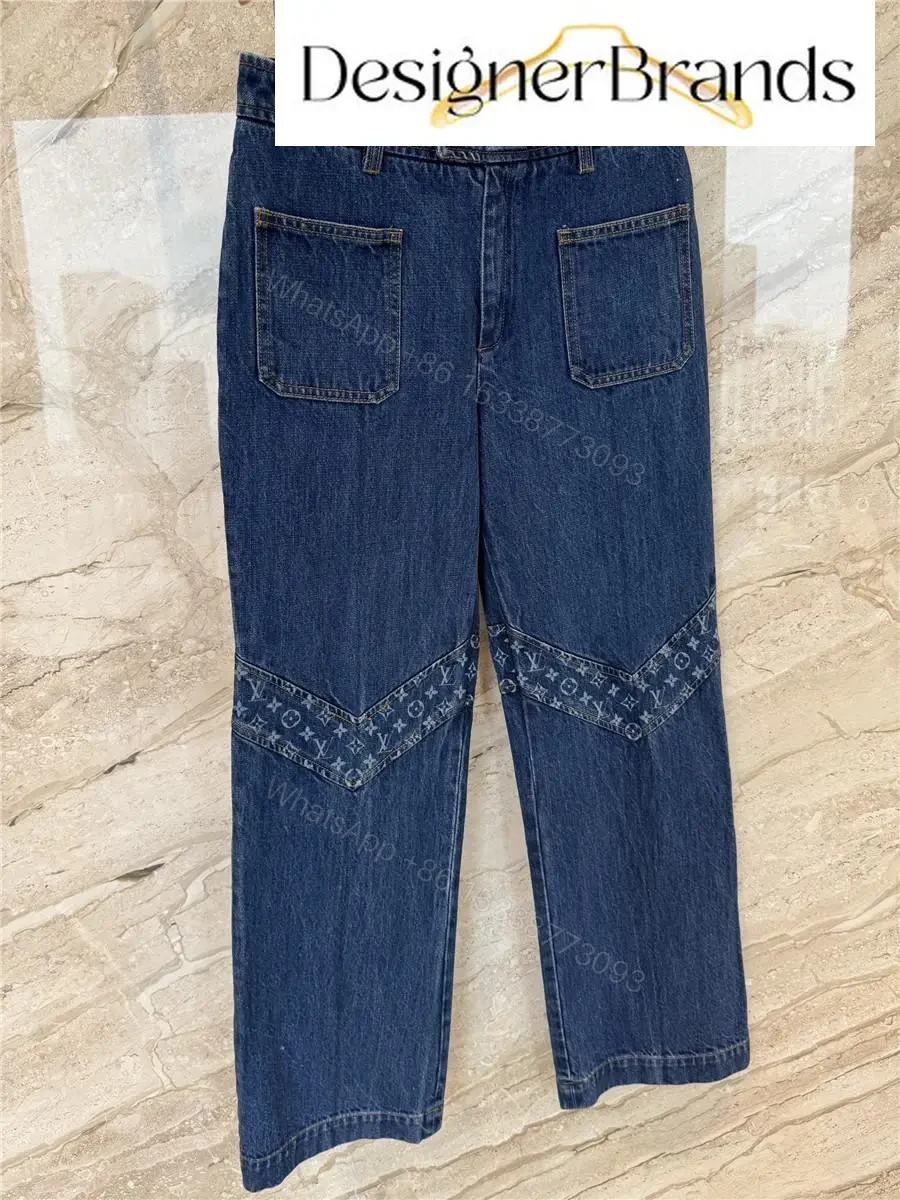 View 8 of Indigo Denim Wide-Leg Jeans with Geometric Panel