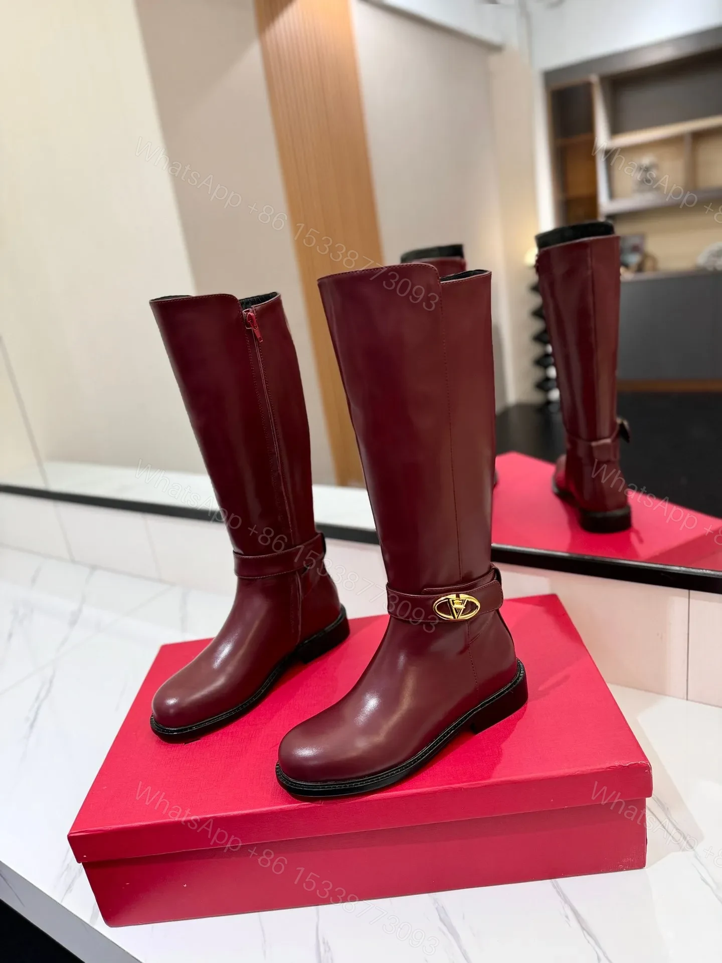 View 3 of Valentino Women Burgundy Leather Knee High Boots