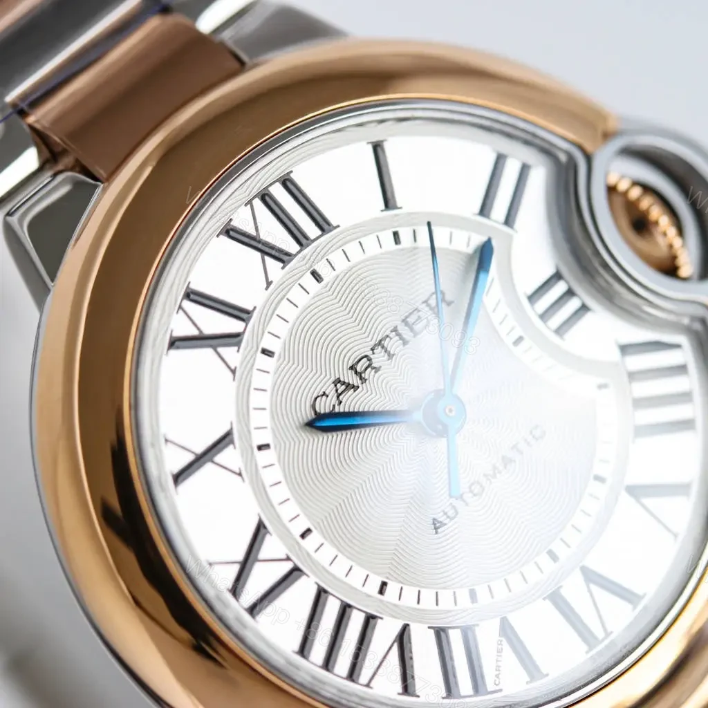 View 5 of JF Factory Cartier Ballon Bleu Automatic Watch – Rose Gold and Stainless Steel, Dark Yellow Dial, Roman Numerals, Blue Hands, 10mm Thick, Quick Release Leather Strap, Model 845565xx3489