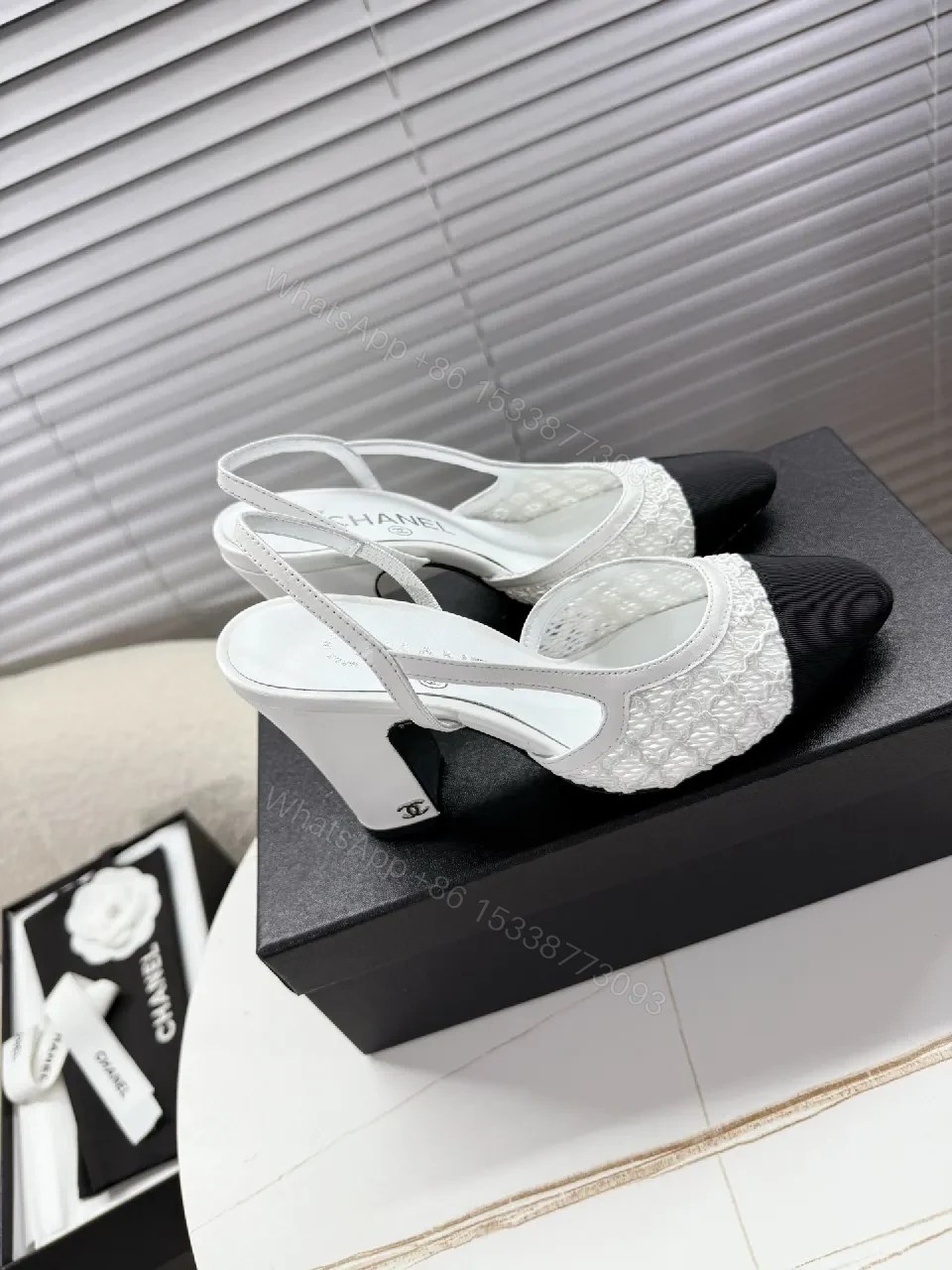 View 5 of Two-Tone Textured Slingback Pumps: Contrast Black Toe, White Body