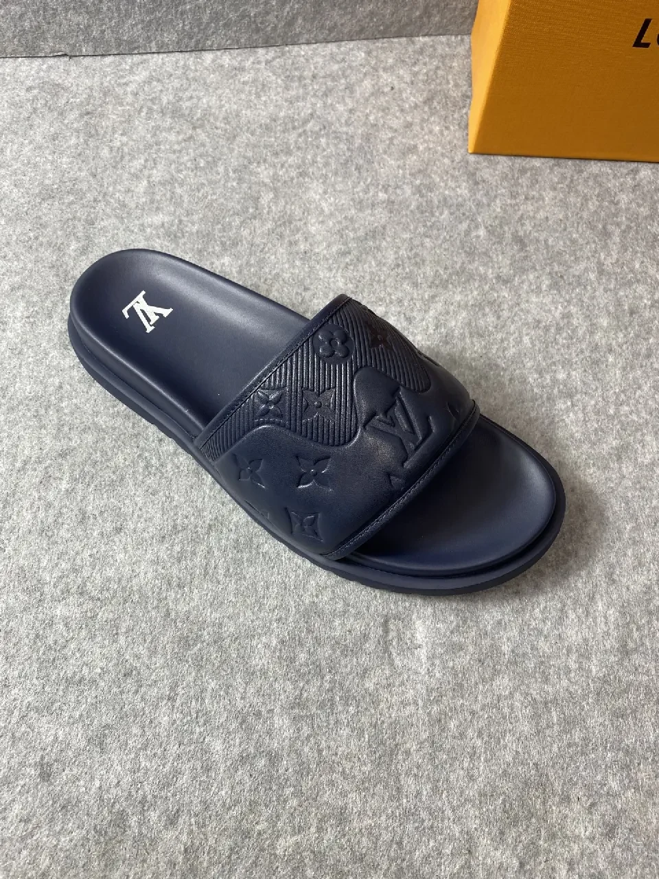 View 5 of Navy Leather Slide: Luxe Minimalist Embossed Comfort Slide