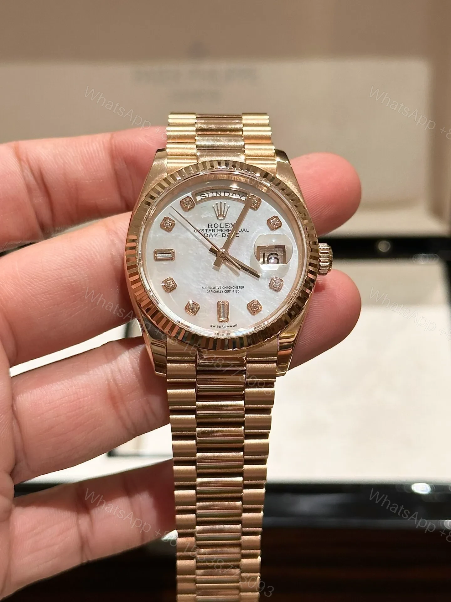 View 2 of Superclone Rolex Day-Date White Mother-of-Pearl Diamond Dial 128235-0029 36 mm