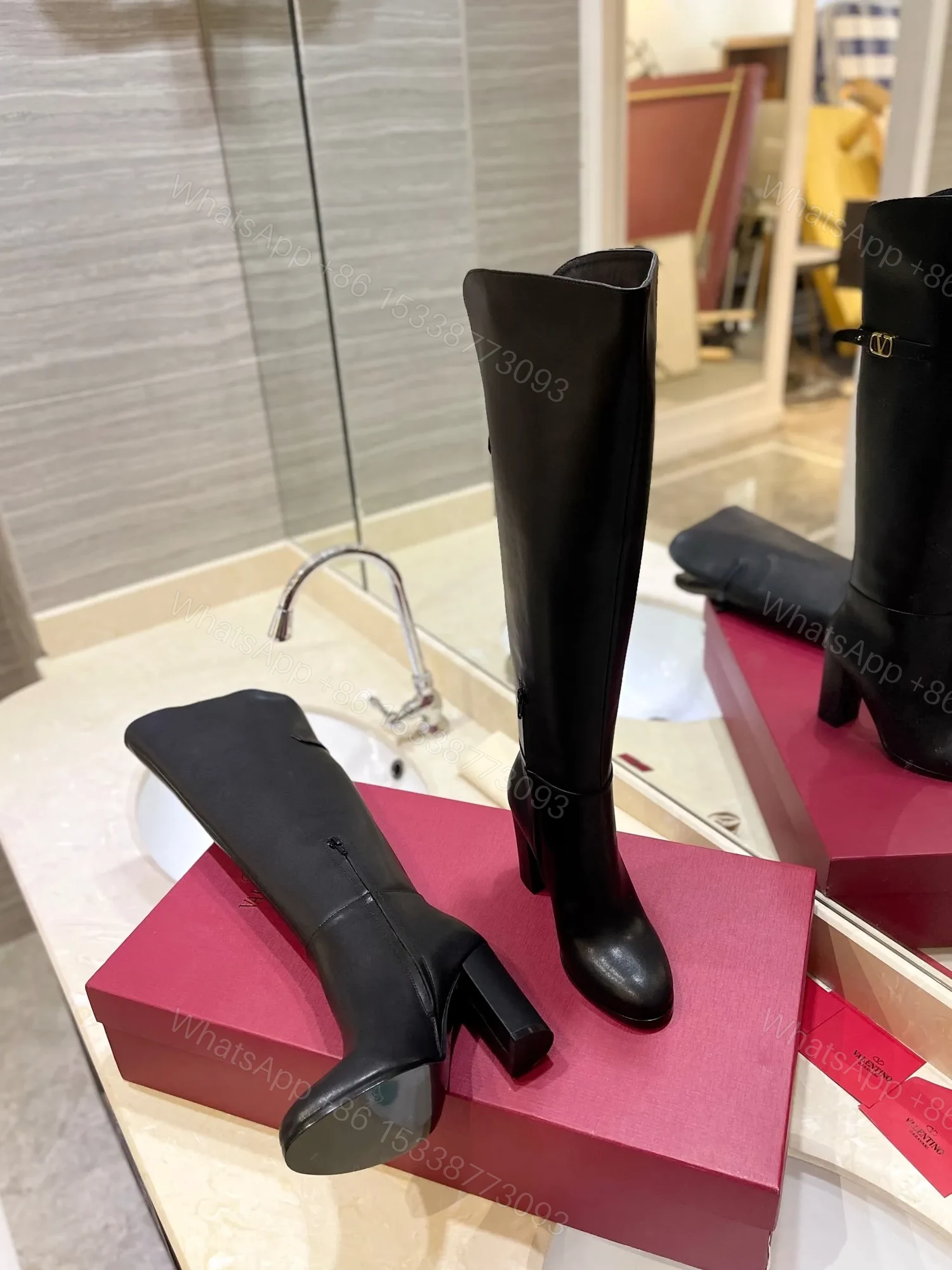 View 2 of Valentino Women Black Leather High Heel Boots
