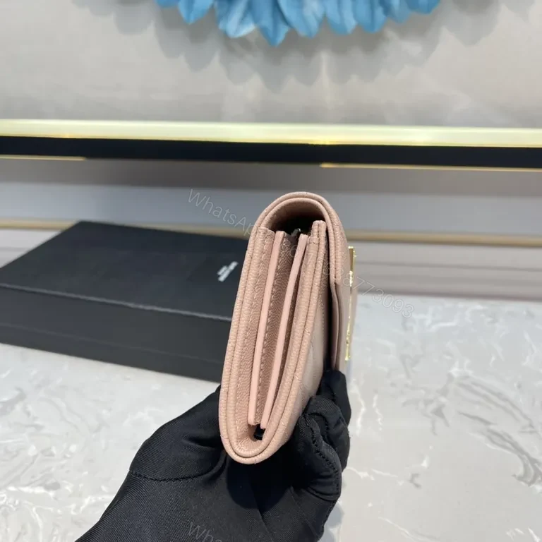 View 7 of Soft Pink Quilted Wallet with Gold YSL Logo | Compact Luxury Wallet