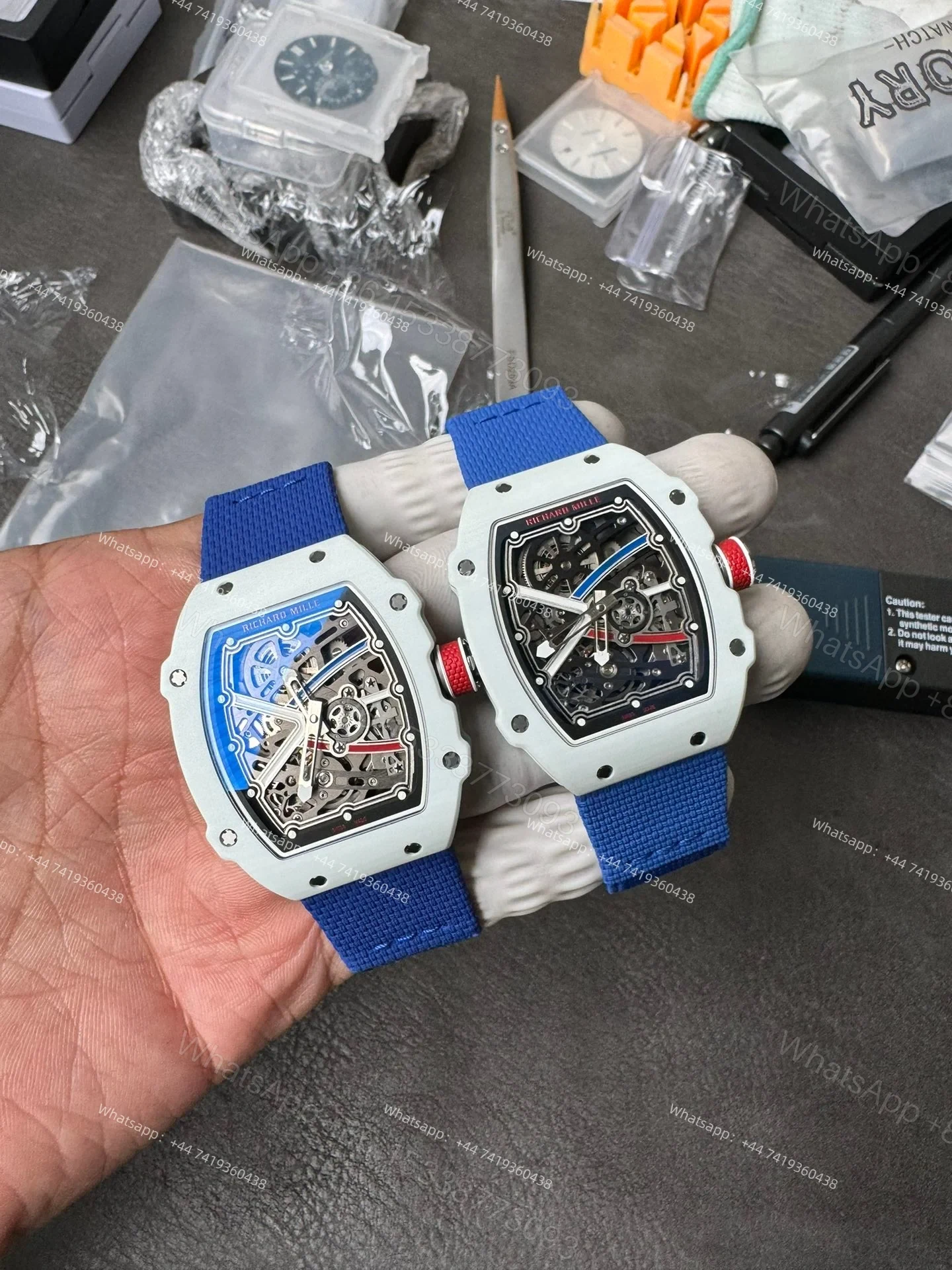 View 17 of Super Clone Richard Mille RM67-02 White Ceramic Skeleton Tourbillon 1:1 Replica Watch with Blue Strap