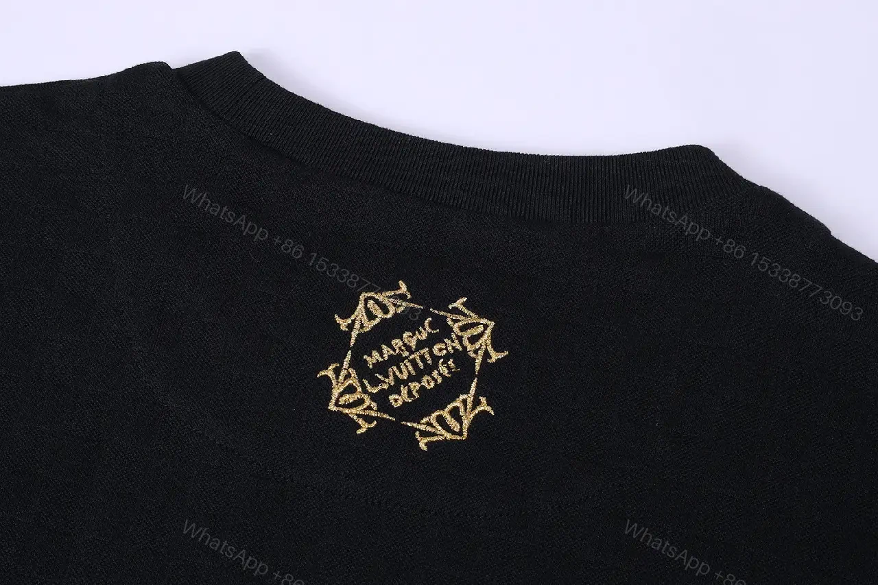 View 9 of Black Cotton Graphic Tee with Gold Logo Bar