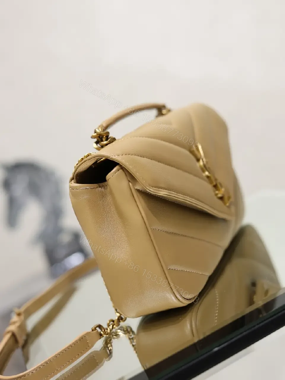 View 6 of Beige Leather Structured Top-Handle Flap Bag with YSL Logo