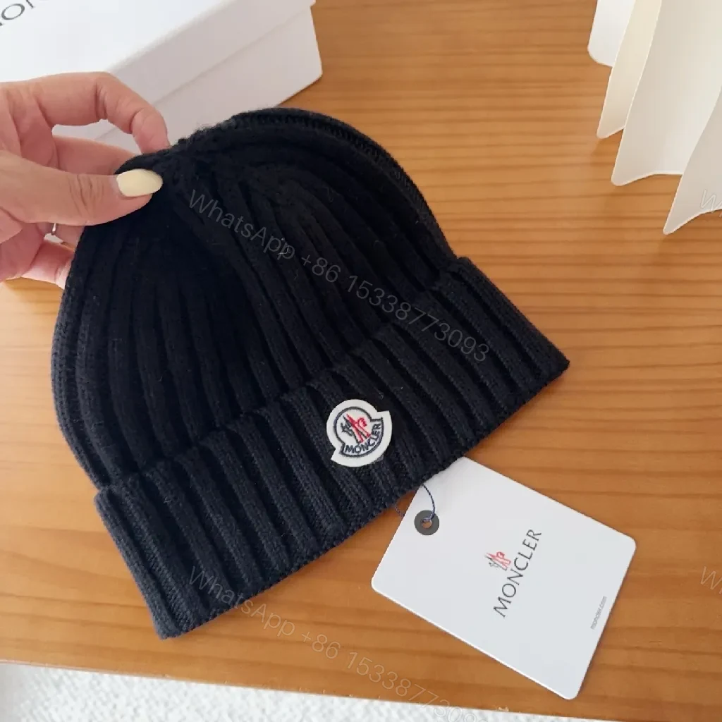 View 5 of Compact Knit Beanie with Moncler Patch - Black, Ribbed Style, Warmth
