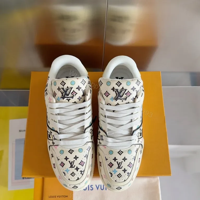 White LV-Pattern High-Top Sneakers: Multicolor Luxury Comfort — view 1
