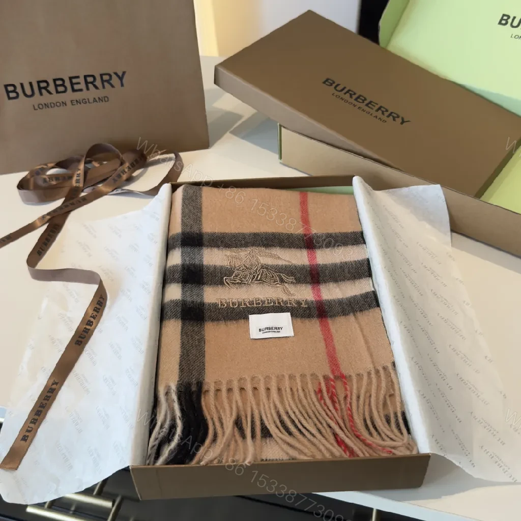View 4 of Camel Check Scarf — Premium Knit, Fringed Edges, Timeless Luxury