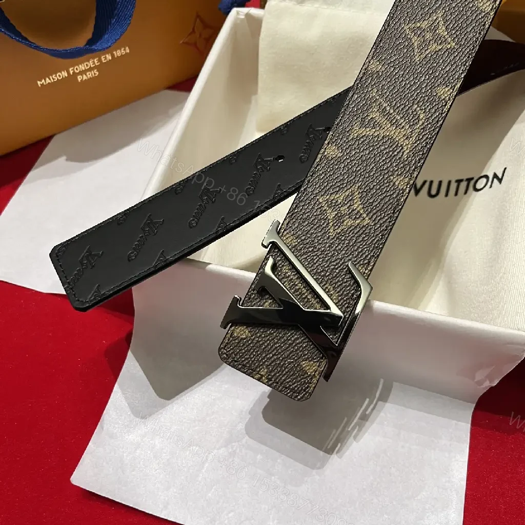View 10 of Brown & Black LV Monogram Belt with Metal Logo Buckle