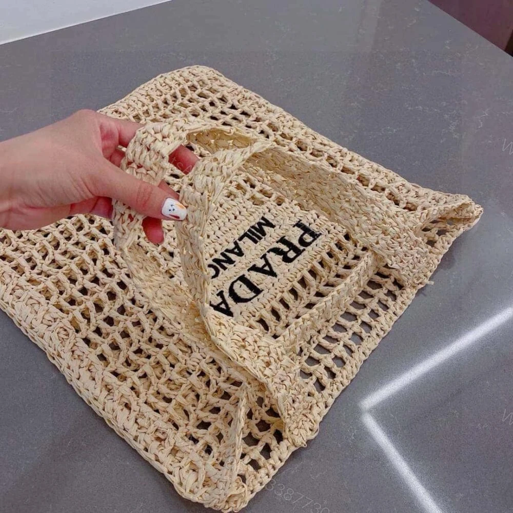 View 3 of Prada Natural Logo Crochet Tote Bag