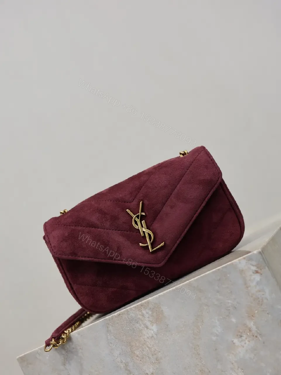 View 6 of Burgundy Suede Crossbody Bag with Gold Hardware