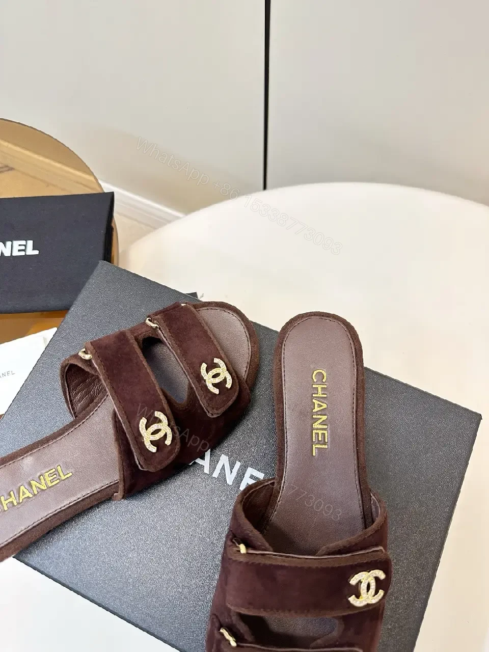 View 8 of Brown Suede Chanel-Inspired Slide Sandals: Comfort Luxury Shoes